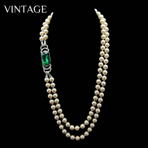 Vintage Palace Style Elegant Temperament Champagne Color Versatile Emerald Pearl Necklace Earrings