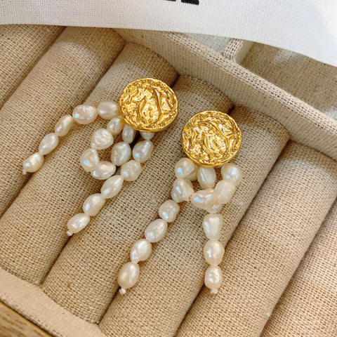 Embossed Gold Coin Natural Freshwater Pearl Earrings