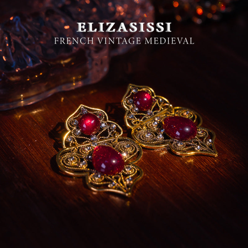 French Style Copper Color Vintage Red Elegant Palace Style Earrings