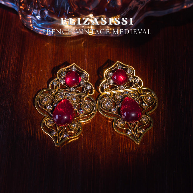 French Style Copper Color Vintage Red Elegant Palace Style Earrings