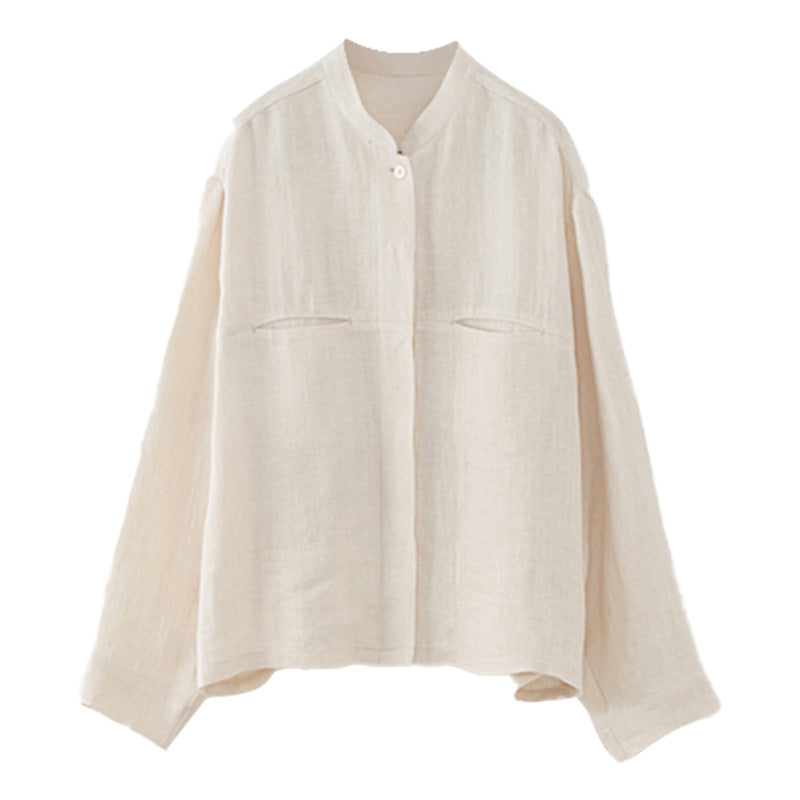 Pure Linen Stand Collar Design Long Sleeve Shirt
