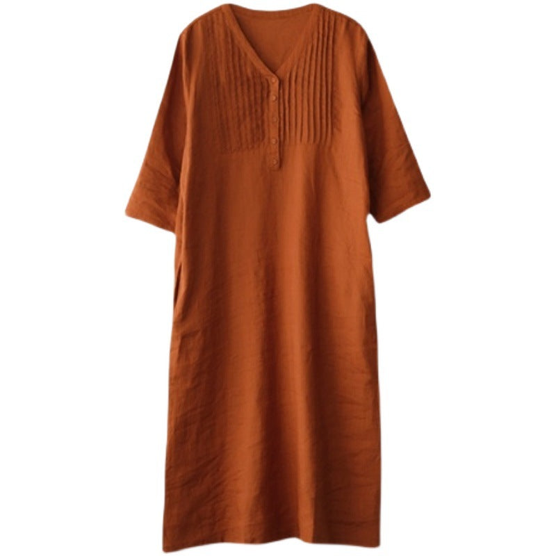 Linen New Style Five Quarter Sleeve V-neck Dress