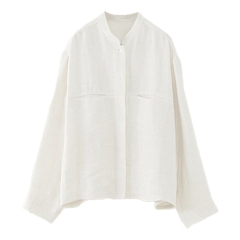 Pure Linen Stand Collar Design Long Sleeve Shirt